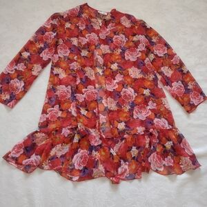 Vintage Red Pink Roses Floral Chiffon Ruffled Hem Duster Coverup